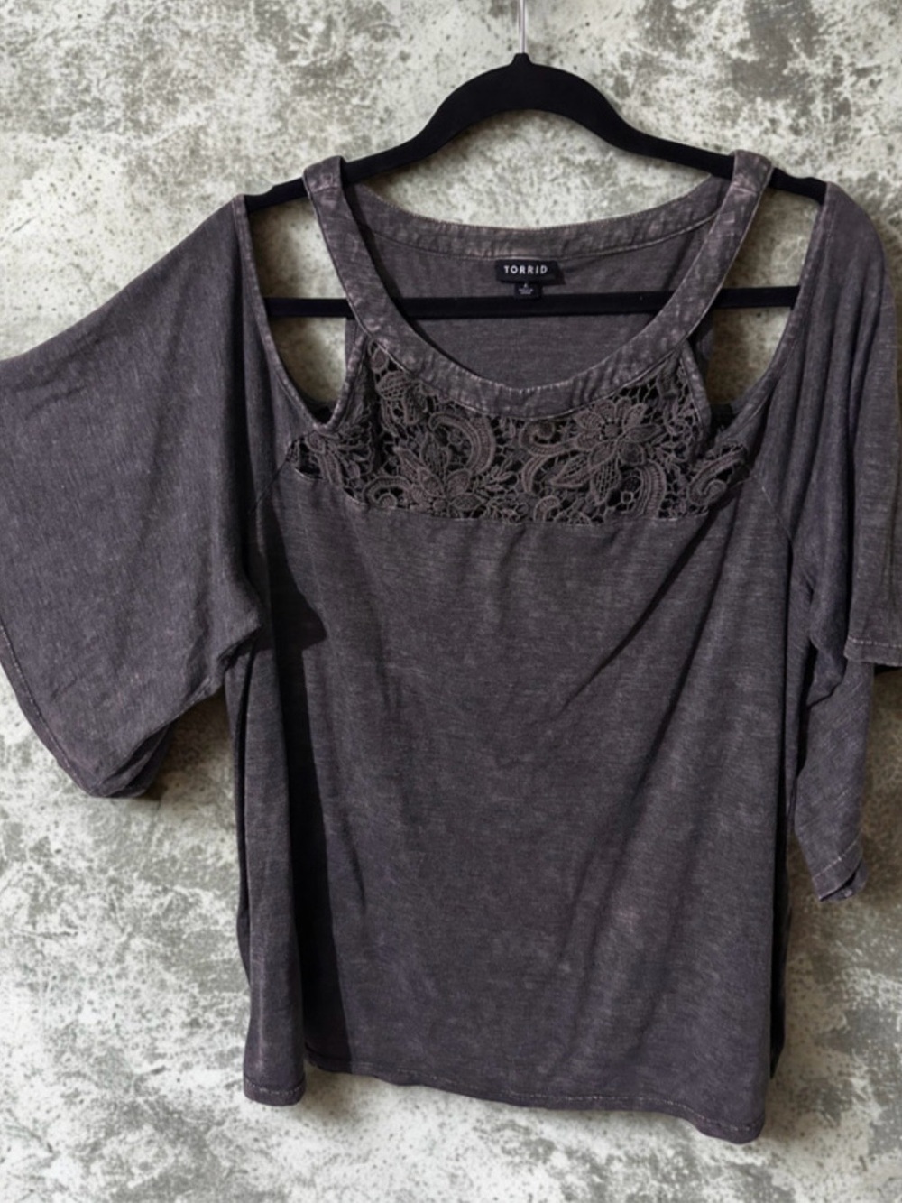 Torrid Gray Crochet Lace Front boho Knit Tee